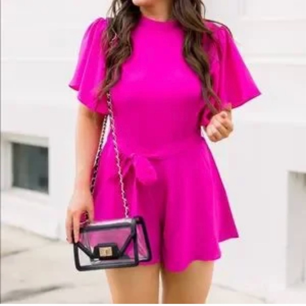 TCEC Pink Flutter Sleeve Mock Neck Jumpsuit